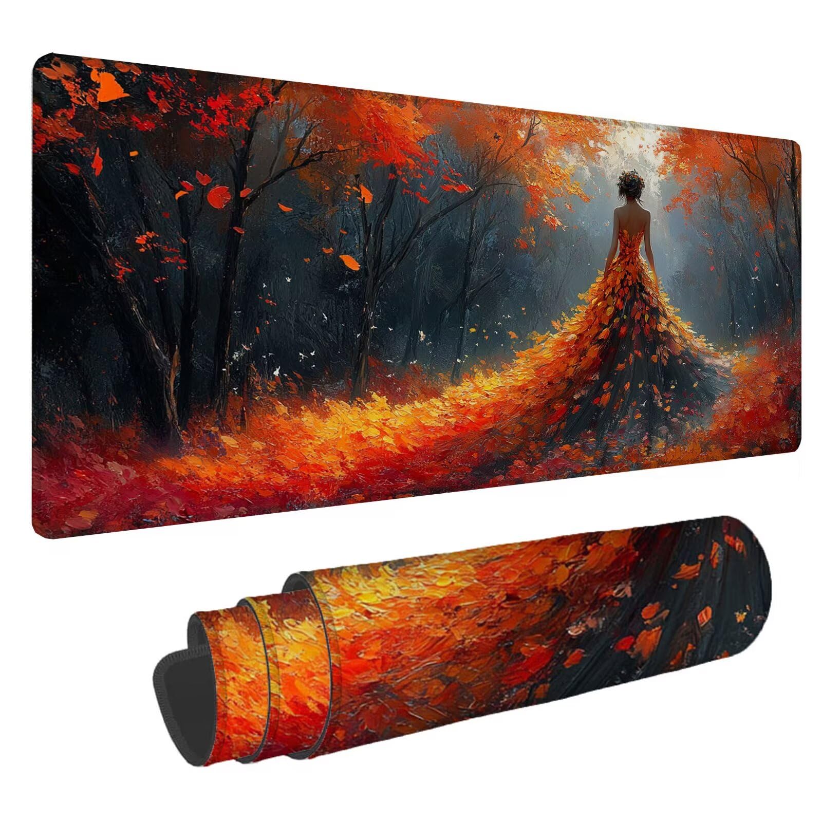 Damska podkładka pod mysz XXL Jesień 1600 x 800 x 4 mm Podkładka pod mysz do gier, duża wodoodporna antypoślizgowa podkładka na biurko, podkładka pod mysz szyte krawędzie dla graczy, komputer,