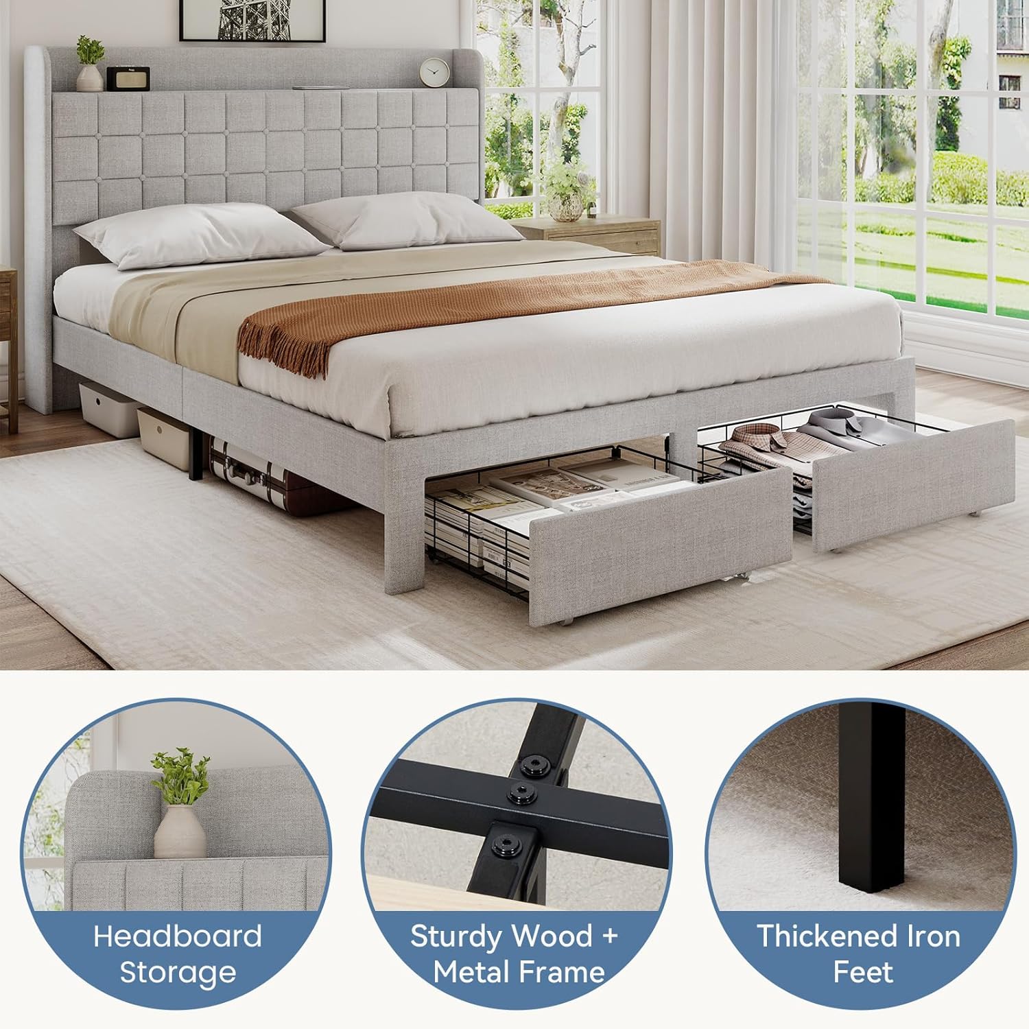 DUMOS Queen Size Upholstered Platform Bed Frame, Queen Bed with Storage Drawers and Fabric Headboard, Wooden Slats Support, 882 lbs Weight Capacity, No Box Spring Needed, Easy Assembly, Beige