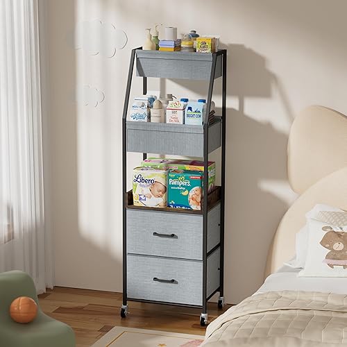 Miniatura 6 de Organizador y almacenamiento de pañales para bebé, carrito rodante de 5 niveles con divisores y cajones, carrito móvil con ruedas para guardería,