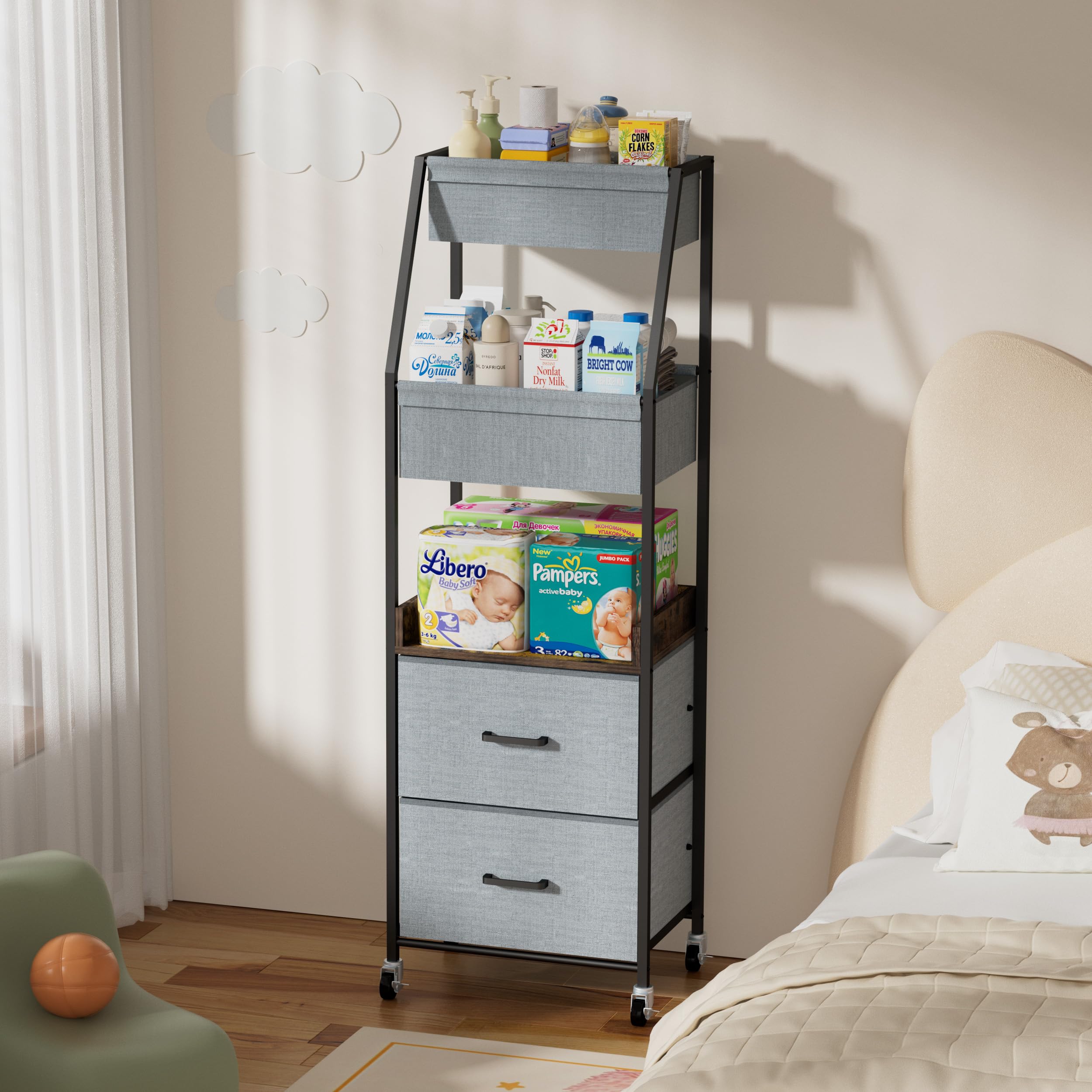 Organizador de Pañales Móvil de 5 Alturas, Cómoda con Ruedas y 2 Cajones para Artículos de Bébé, Organizador de Pañales Móvil de Madera y Metal para Habitación Bebé, Dormitorio (Nero)
