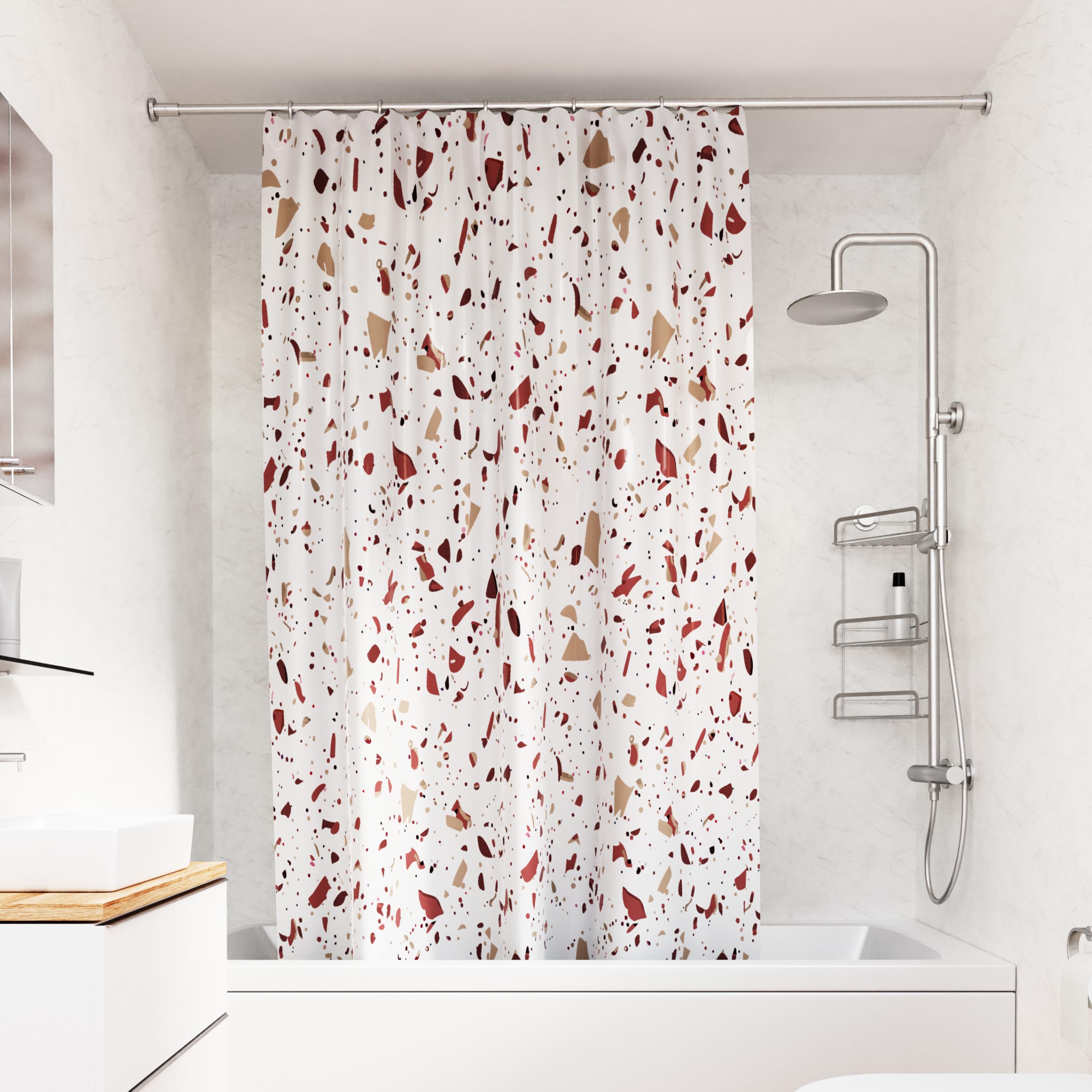 Croydex Shower Curtain with Pink Terrazzo Design - 100% Polyester with a Weighted Hem, Machine Washable and coated with Proseal for Water Repellence, 1800x1800mm
