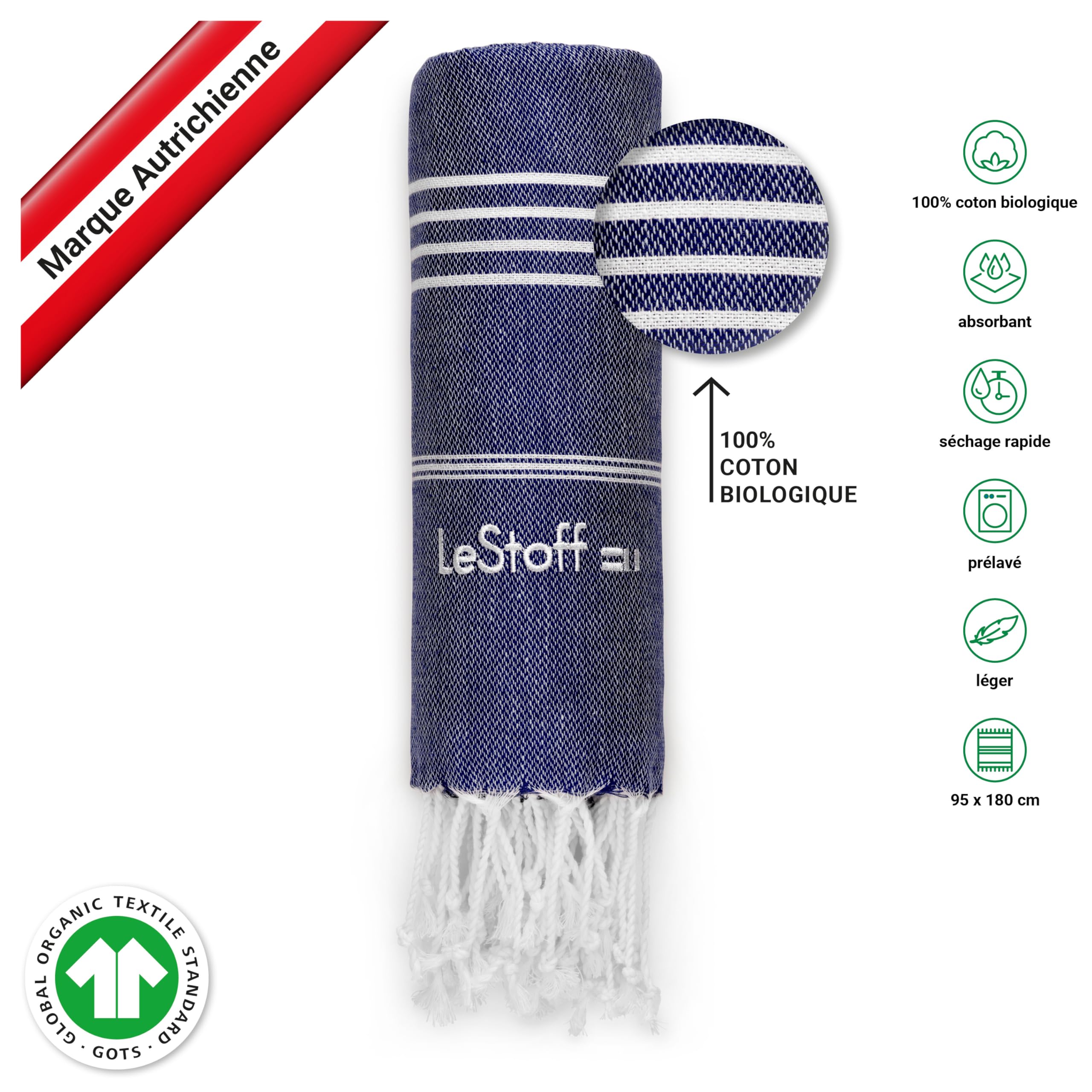 LeStoff 2 foutas hammam, 100% Coton Bio, 95x180 cm, Bleu Marine/Bleu Clair | Serviettes de plage, sauna, bain, douche, yoga, voyage et spa – prélavées, durables, légères, absorbantes, séchage rapide