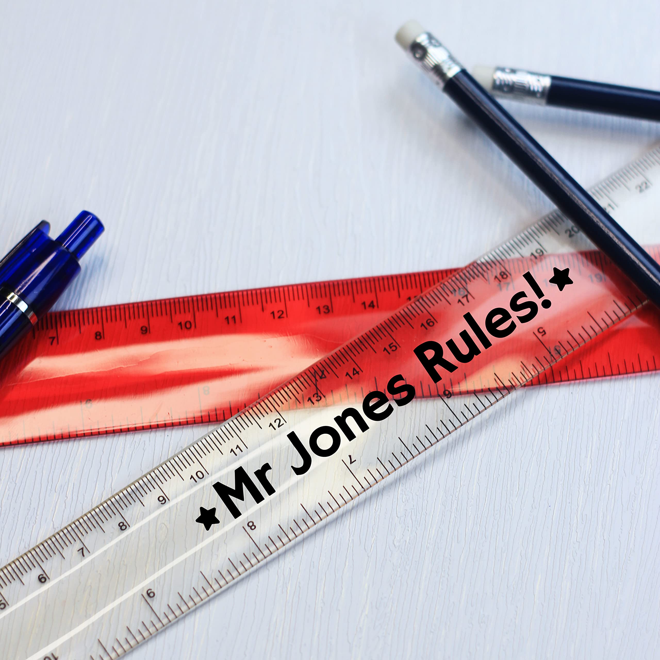 Personalised Ruler, Teacher 30cm Flexible Bendy Ruler, Novelty Stationary, Custom Vinyl, Stars, Hearts, Flowers, Any Name/Text Customised (Clear)