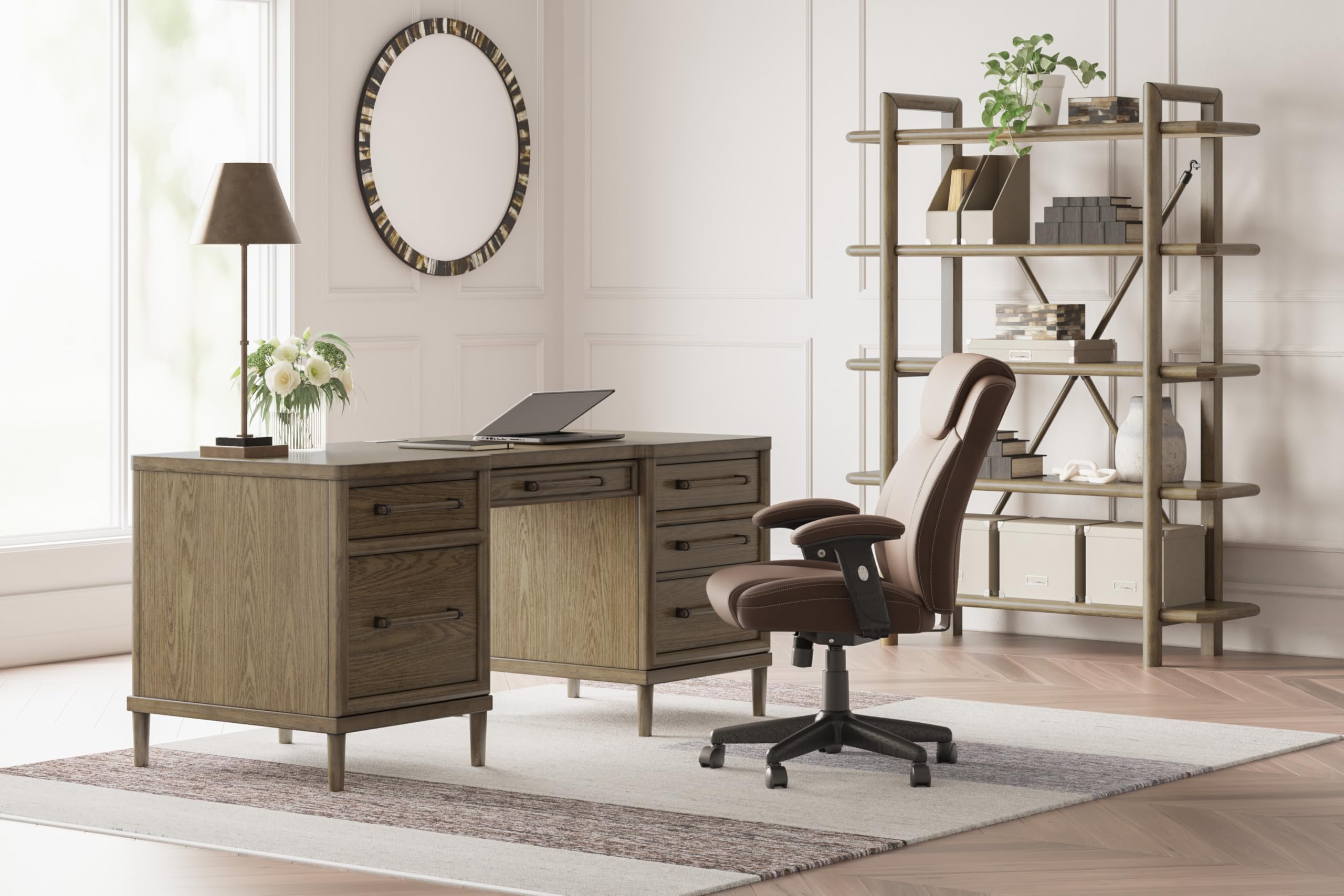 signature design by ashley roanhowe contemporary 68" home office desk with 6 felt-lined drawers, usb charging ports and cord management, dark brown 28.13"d x 67.63"w. x 30.25"h. inches