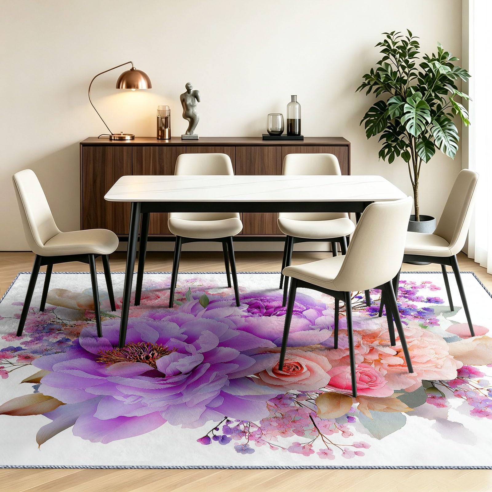 Generisch Botanisch Floral Blumen Teppich Wohnzimmer 80 x 150 cm, Weiß Waschbarer Teppich Wohnzimmer Schlafzimmer, Antibakteriell Antirutschunterlage Küchenteppich