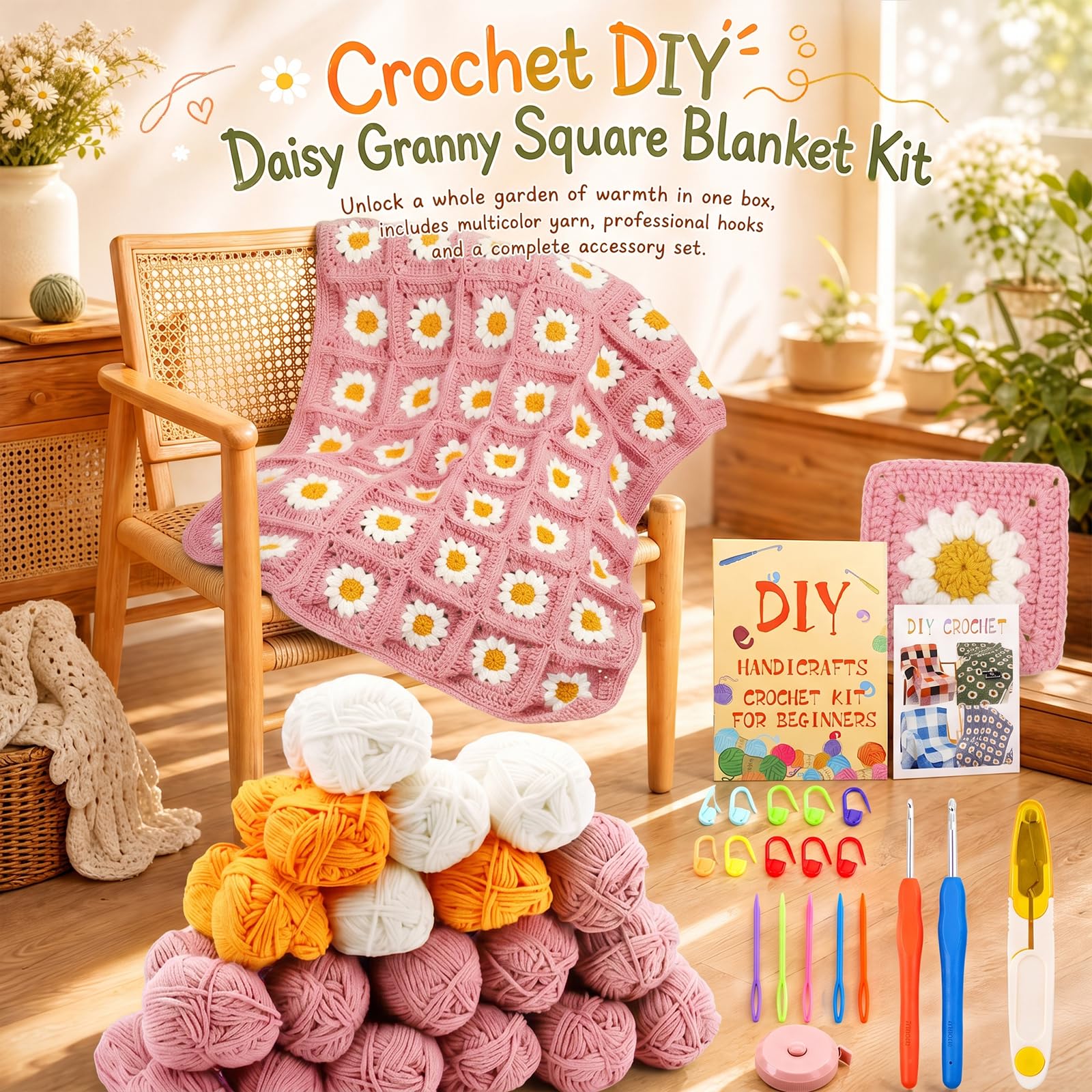 Set per uncinetto, coperta all'uncinetto, set completo per principianti e adulti, con uncinetto, istruzioni passo dopo passo, filato e accessori, per imparare all'uncinetto, rosa