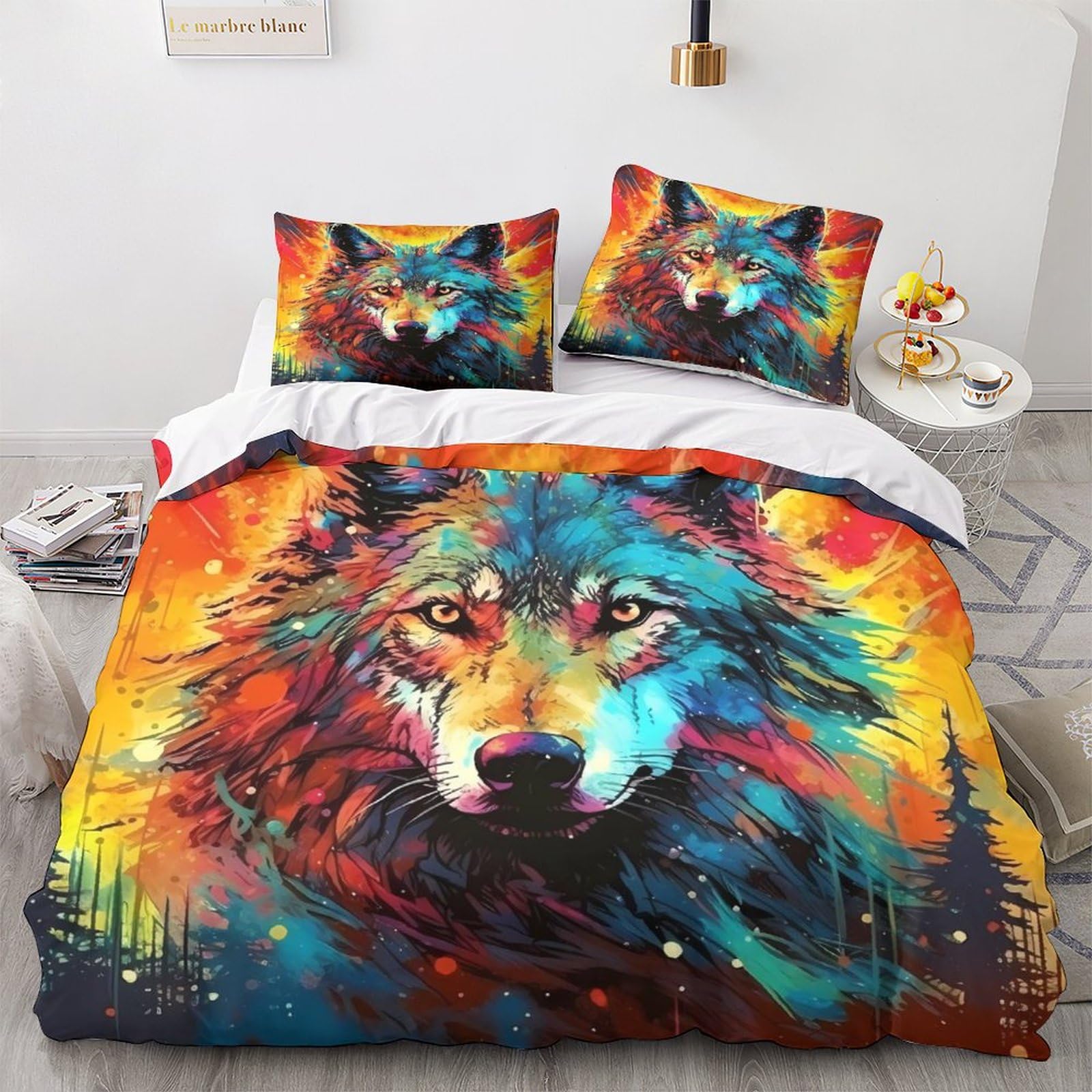 Parure de lit loup 3D avec housse de couette microfobre 3 pièces