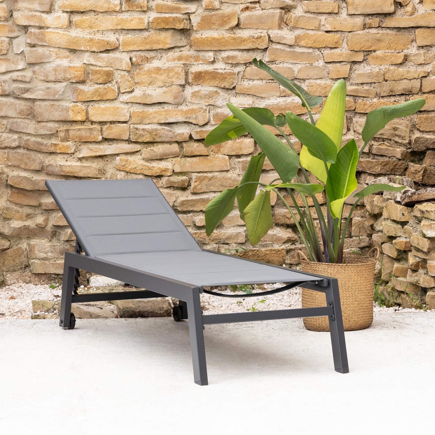 Happy Garden Bain de Soleil Barbados en textilène Gris et Aluminium Noir. Transat d'extérieur Multi Position.