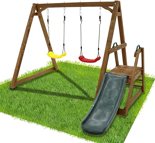 Juego de columpios para niños para exteriores y tobogán, marco de columpio de madera maciza resistente con escalera de escalada, color natural disponible en Yaxa Costa Rica