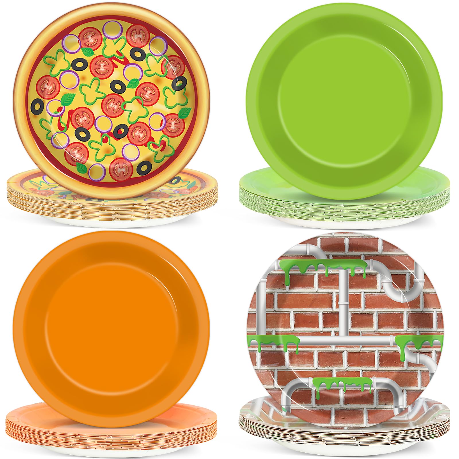 CHUNNIN 48 PCS Turtle Paper Plates Pizza Green Turtle Birthday Party Decorations Disposable Dessert Plates for Video Game Cartoon Themed Birthday