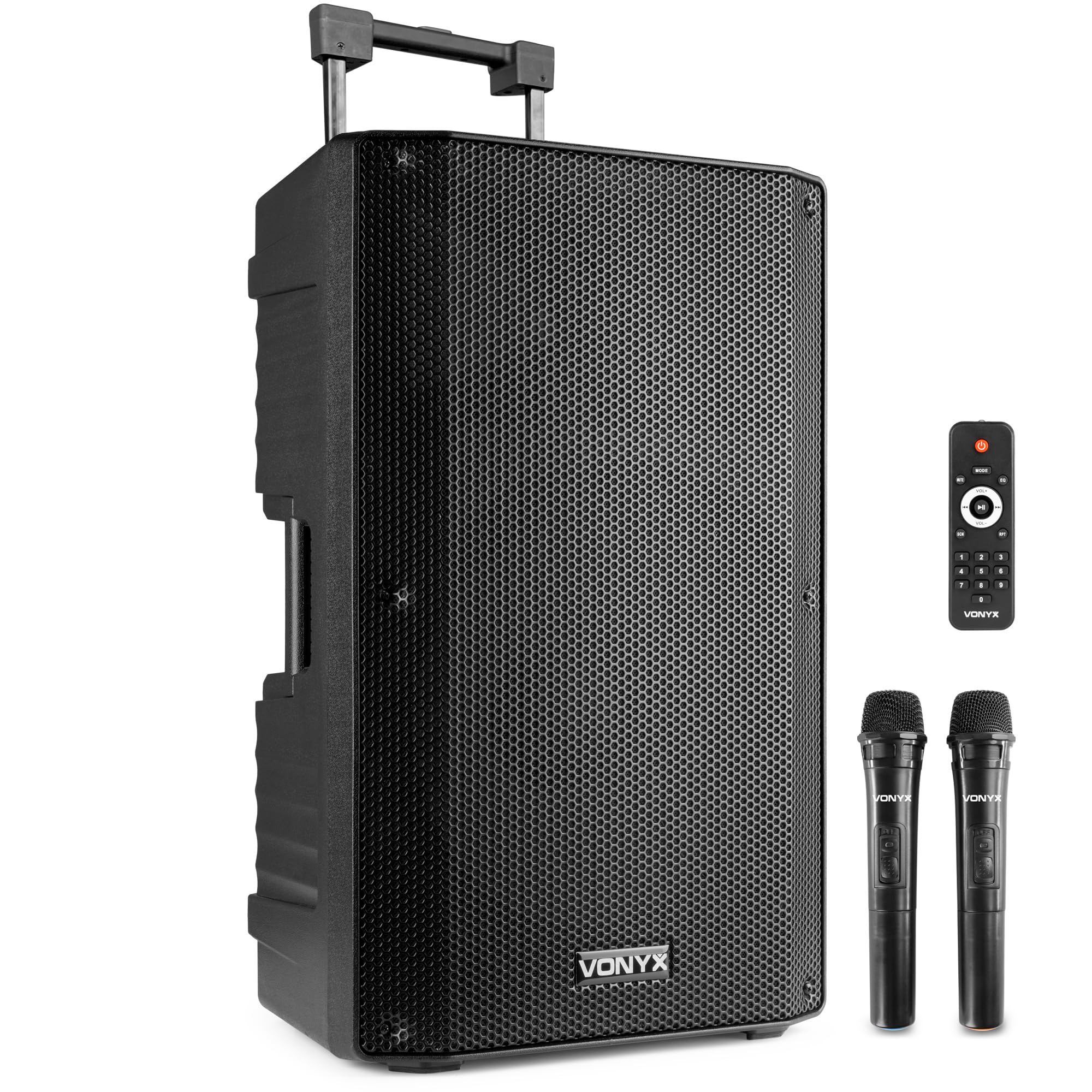 Vonyx VSA700 Partybox Bluetooth Lautsprecher Groß 1000W, 8 Std Akku, Mobile PA Anlage Komplettset mit 2 UHF Hand Mikrofonen und Fernbedienung - Mobile Musikbox Groß, USB, SD, MP3, Schwarz