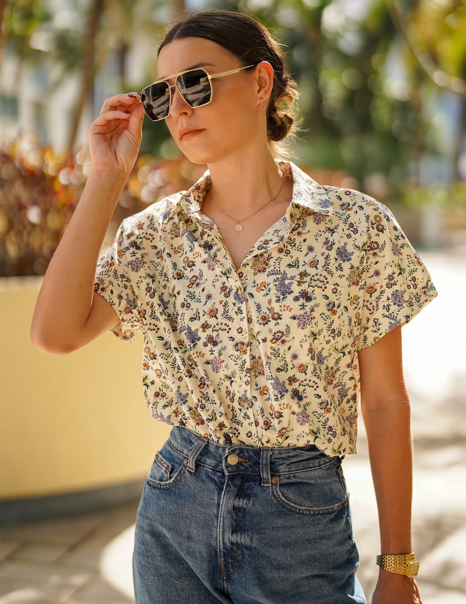Hotouch Chemisier pour Femme 100% Coton à Manches Courtes Chemise Décontracté Col en V Blouse Solide Élégant Chemise Lin avec Poche Business Tops