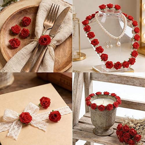 Miniatura 5 de SITUMEIZI 100 piezas de 1.3 pulgadas de cabeza de rosa roja falsas, rosas rojas artificiales para el hogar, bricolaje, pared, fiesta, decoración de