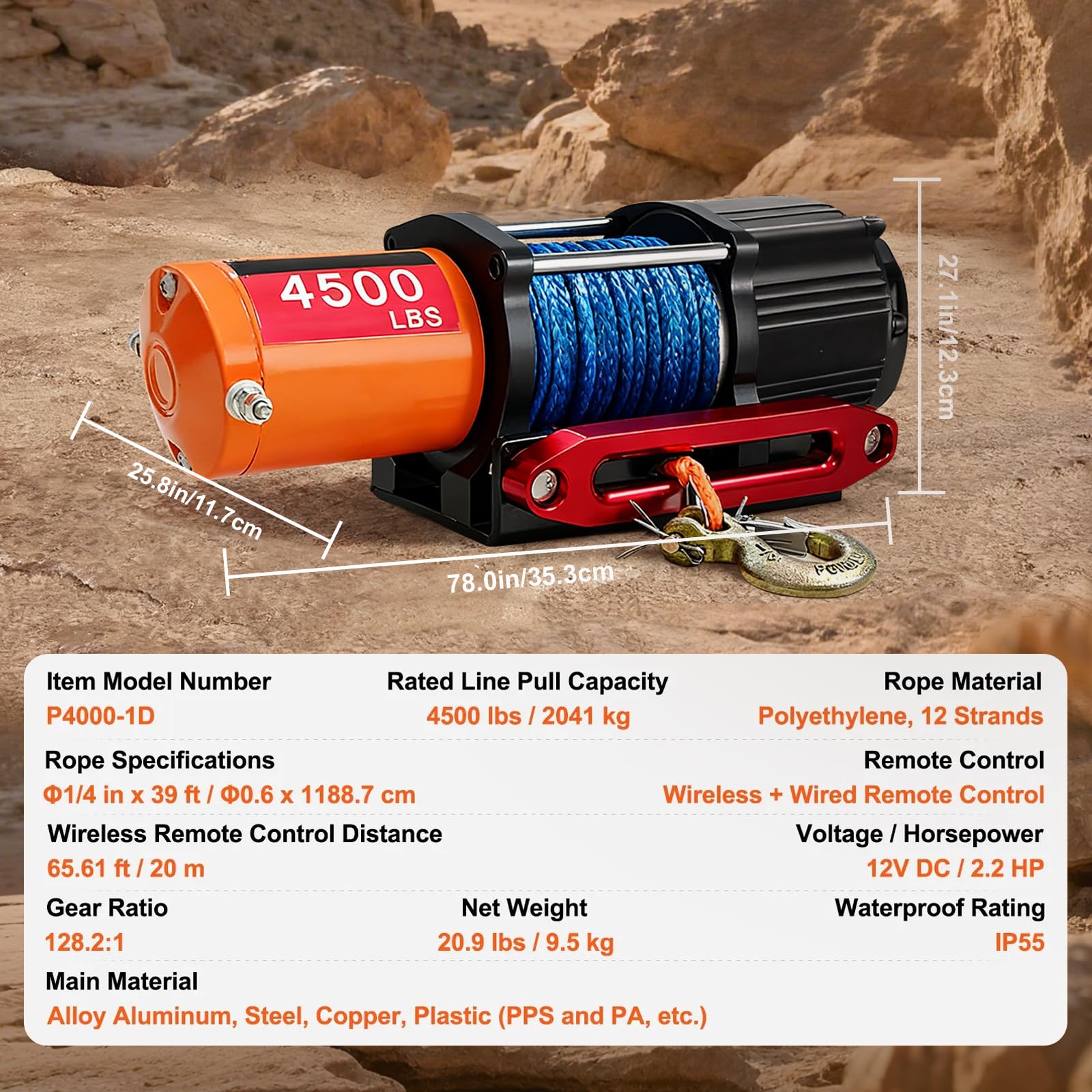 Cabrestante eléctrico 12 V, 4500 lbs/2041 kg, cabrestante con 11,8 m de cuerda sintética, cabrestante eléctrico para quad, Jeep, SUV, remolque, barco, incluye mando a distancia y accesorios