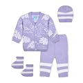 Only 4 Baby Unisex New Born Baby Boys/Girls Lavender Woolen Front Open Sweater Set with Pyjami, Cap and Pair of Booties 
