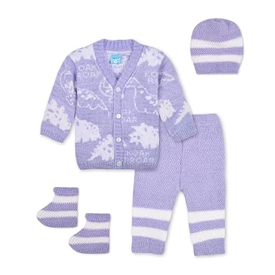 Only 4 Baby Unisex New Born Baby Boys/Girls Lavender Woolen Front Open Sweater Set with Pyjami, Cap and Pair of Booties 