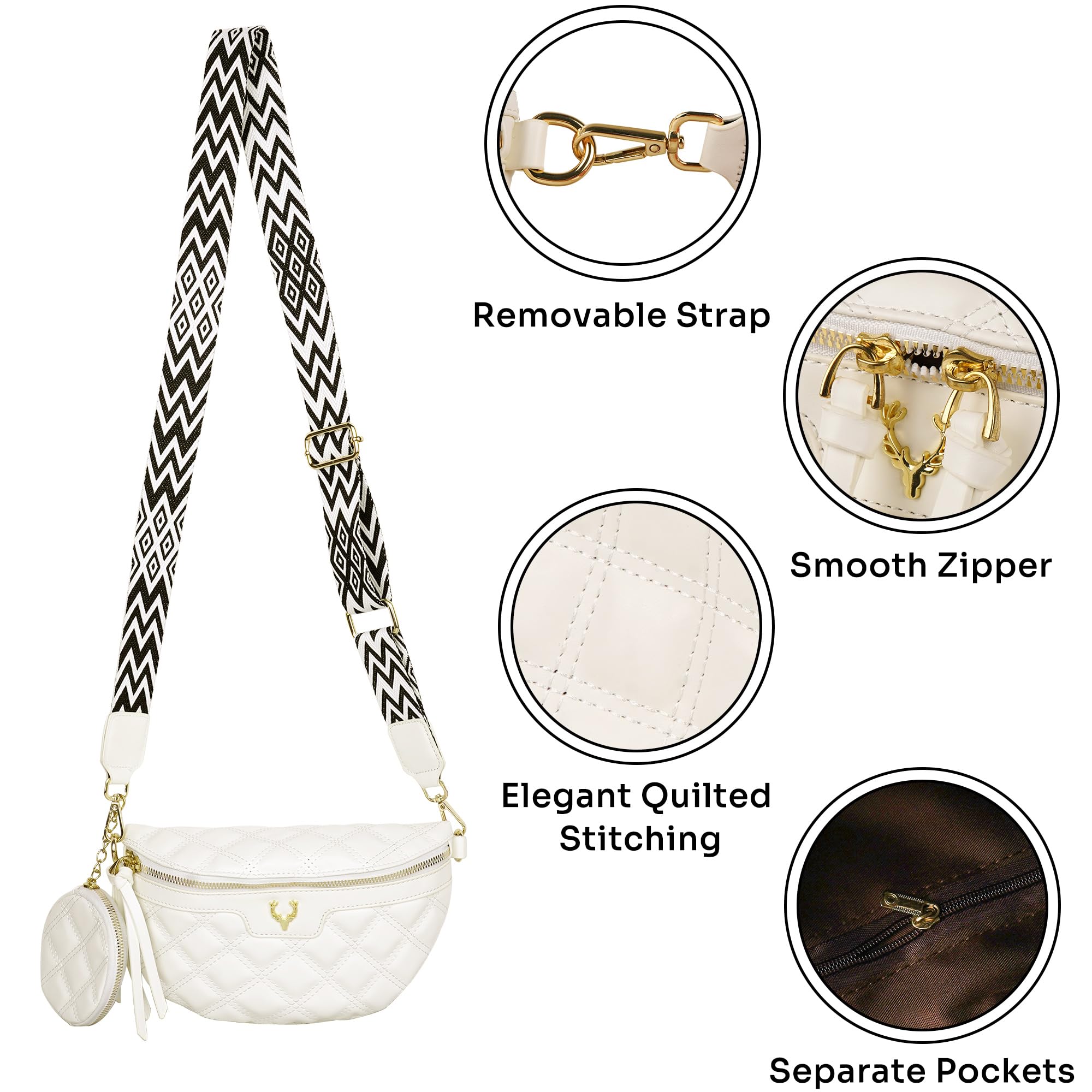 Diamond Sac banane matelassé avec sangle réglable - Blanc - Pour voyage, concert et festival - Sac banane sportif mains libres