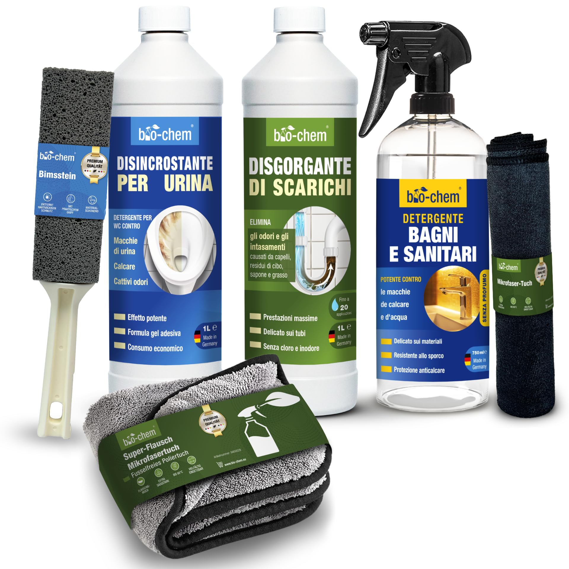 bio-chem Set di 6 detergenti per bagno, doccia e WC | Sbloccatore di scarichi 1L - Rimuovi calcare e urina 1L - Prodotto per superfici del bagno 750ml - Profi Set 6 prodotti