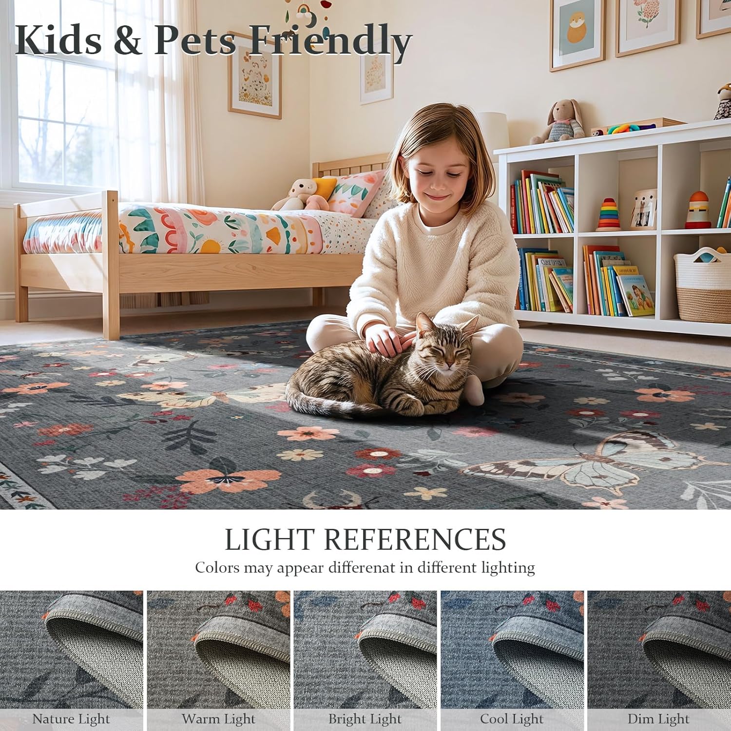 4x6 Area Rugs for Living Room Bedroom, Washable Butterfly Floral Insect Print Rug, Soft Ultra-Thin Non Slip Modern Carpet for Dining Office Kids Nursery Playroom Room Home Decor, Grey