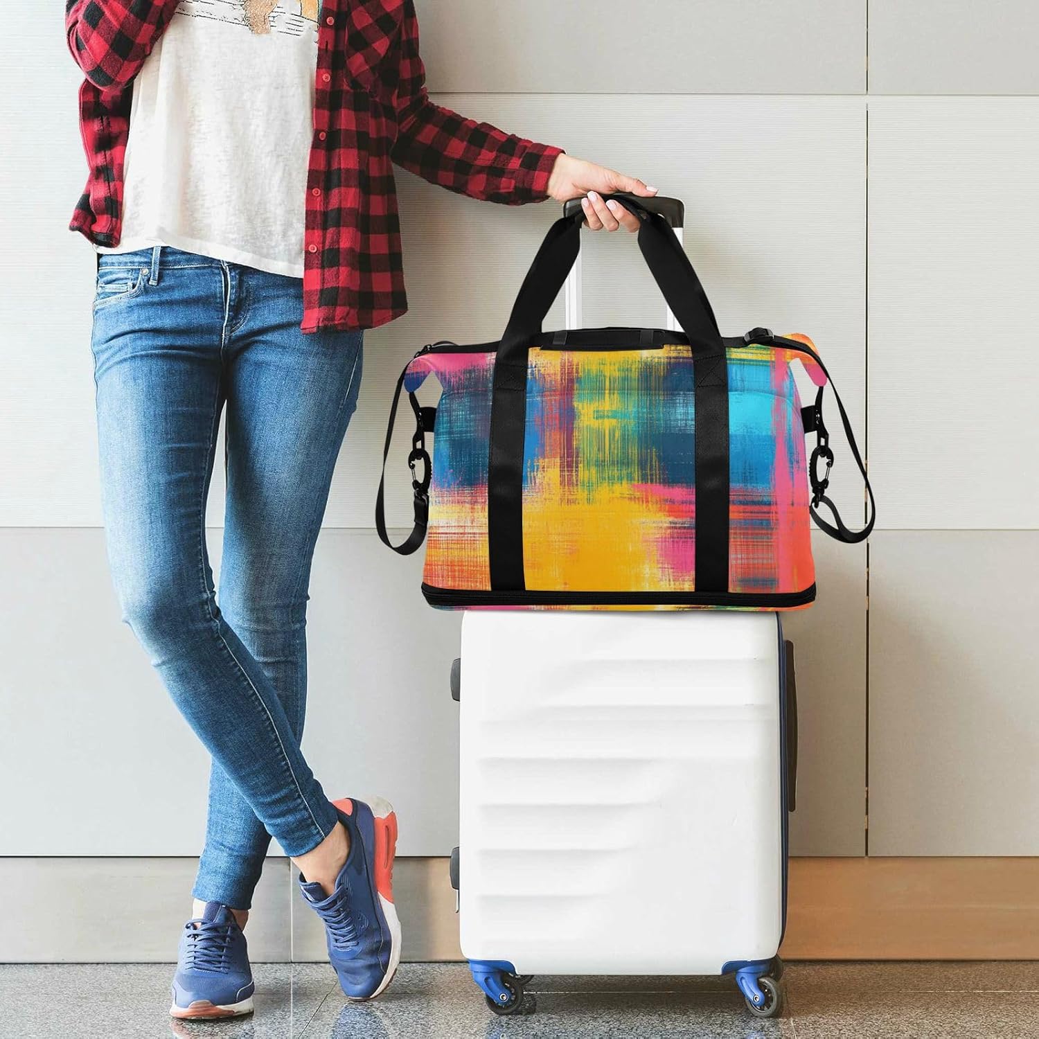 Tie Dye Plaid Abstract Multicolor Sports Tote Gym Bag Weekender Overnight Bag with Toiletry Bag for Hiking Foldable
