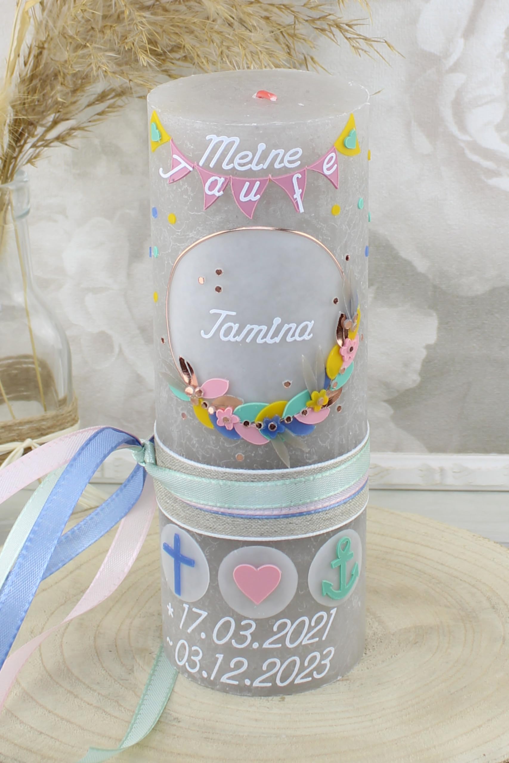 Taufkerze Rustik TAMINA Junge oder Mädchen mit Name und Datum, individuell und handverziert 2279