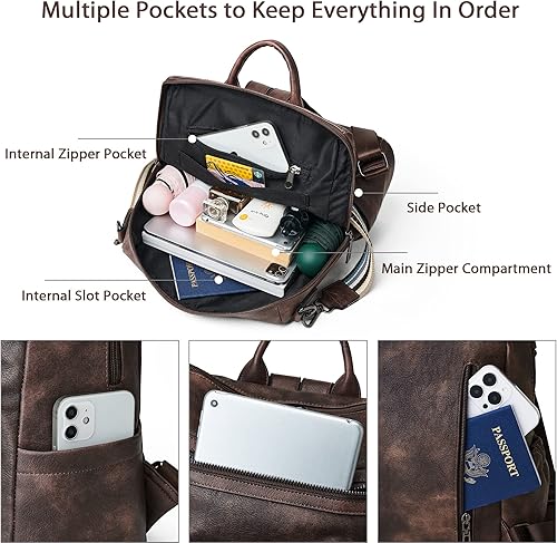 Miniatura 5 de OPAGE Mochila Bolso para Mujeres de Cuero Diseñador de Moda Mochila Bolso Mochila de Viaje Bolsas de Hombro para Damas con Muñequera, Mochilas de