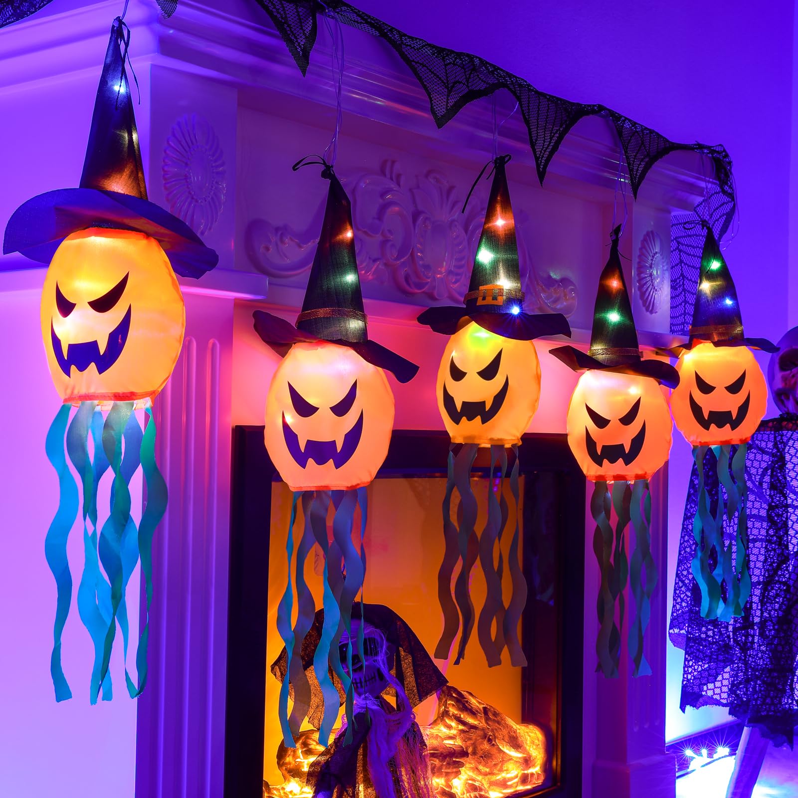 Halloween Dekoration im Freien, Halloween Kürbis Beleuchtung, Wasserdicht, IP44, 5 Kürbis Lampen, Batteriebetrieben, für drinnen, draußen, Haus, Party, Garten