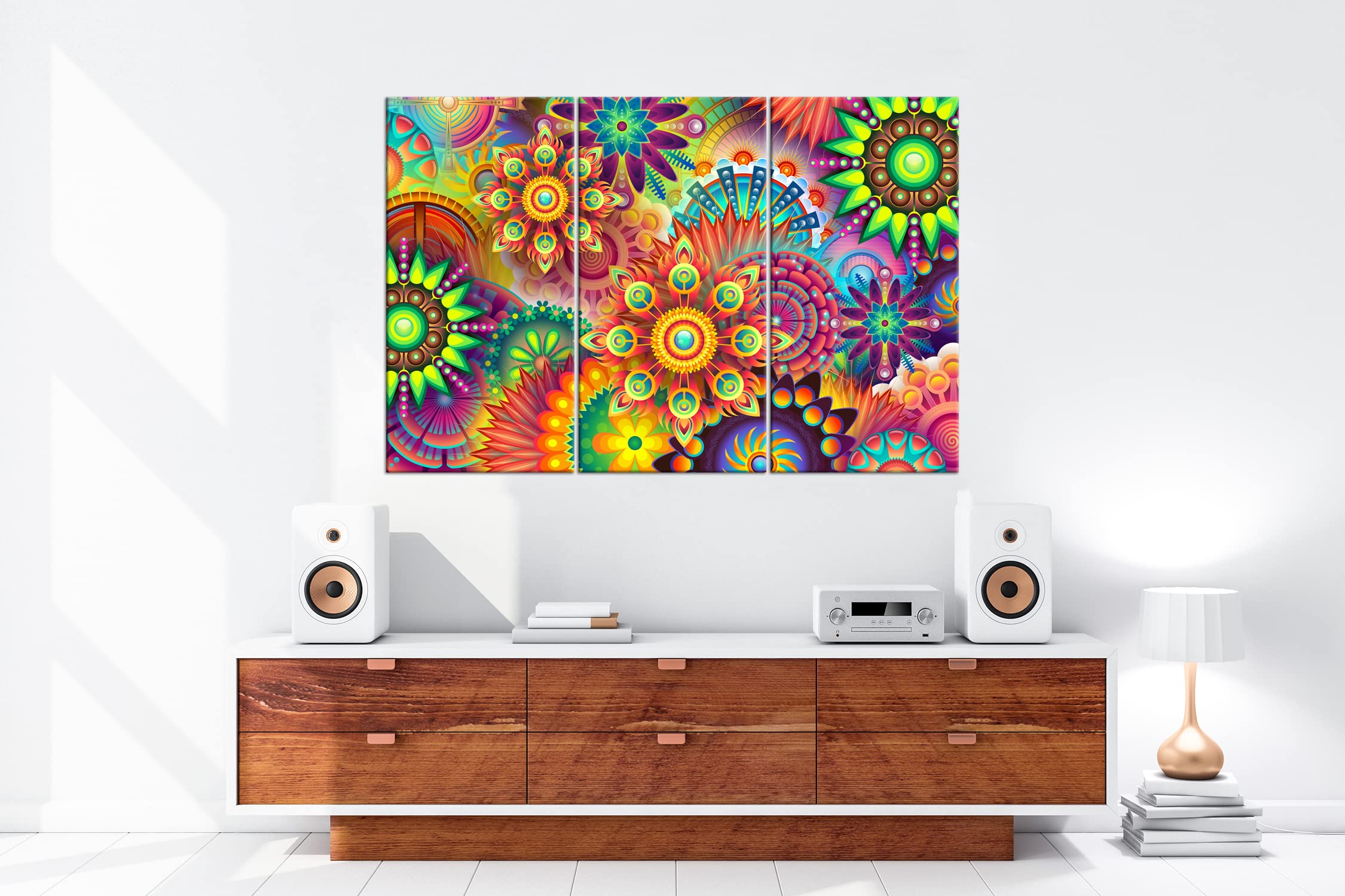 Mandala joyeux et coloré - Format : 3 pièces - Impression numérique de qualité supérieure - Pas d'affiche ou d'affiche.