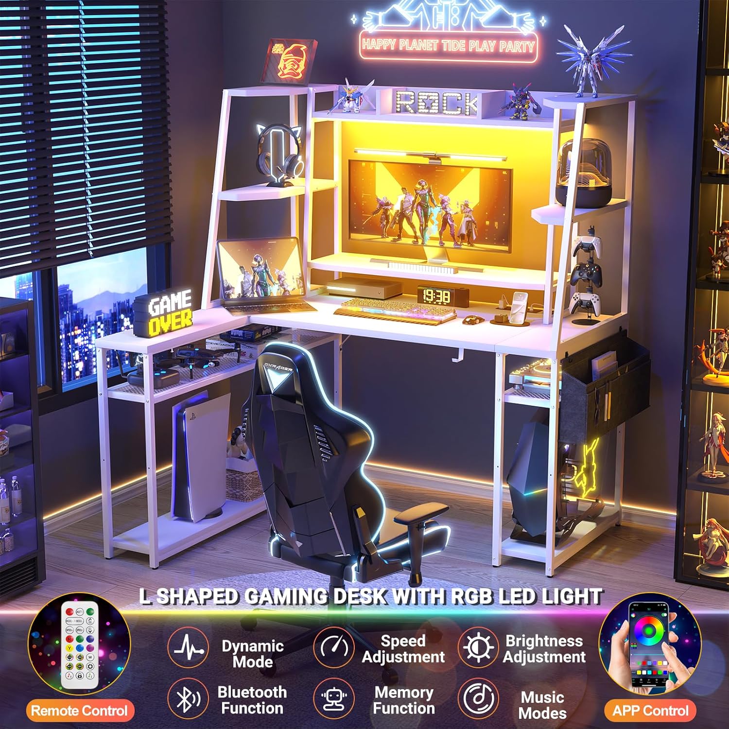 Cyclysio L Shaped Gaming Desk, 47” L Shaped Desk with Storage, Gaming Desk with Shelves, Charging Station and LED Light, Computer Desk with Monitor Stand and Storage Bag, White