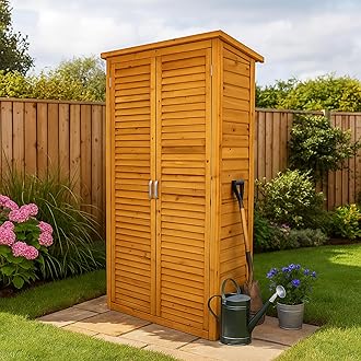 AIRWAVEWooden Garden Storage Tool Shed | Outdoor Weatherproof Utility Cupboard Cabinet for Tools, Cushions, Toys | Functional Internal Shelves | Louvre Door Design | Fir Wood (Tall)