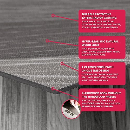 Miniatura 5 de LUCiDA SURFACES Azulejos de vinilo de lujo  Azulejos de piso para instalación de bricolaje  12 tablones de aspecto de madera  Chevron gris  BaseCore