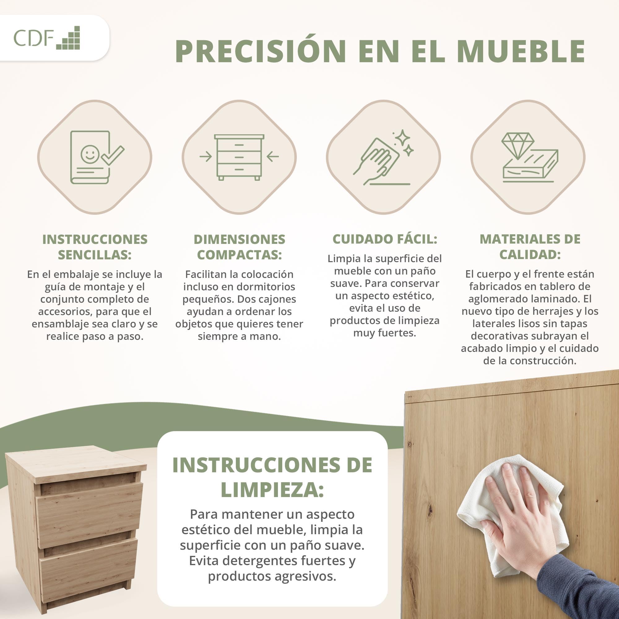 CDF Mesita Mesa Mesilla de Noche con 2 cajones Auxiliar Junto Cama Mueble de Dormitorio Salón Oficina Estilo Moderno Gabinete Organización Espacio Tamaño Compacto - M2 30cm Roble Artisan