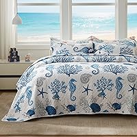Vista 1 de LEAONME Coastal Quilt Set Full/Queen Size - Lightweight Microfiber Reversible Bedspread, 90''x98'', Sea Blue, Includes 2 Shams