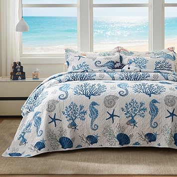 Coastal Quilt Set Full/Queen Size - Lightweight Microfiber Reversible Bedspread, 90x98, Sea Blue, Includes 2 Shams