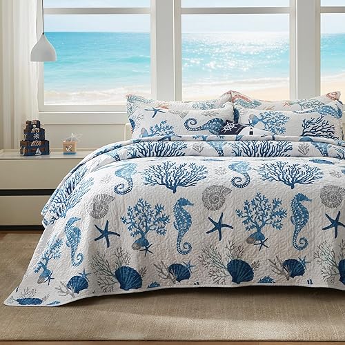 LEAONME Coastal Quilt Set Full/Queen Size - Lightweight Microfiber Reversible