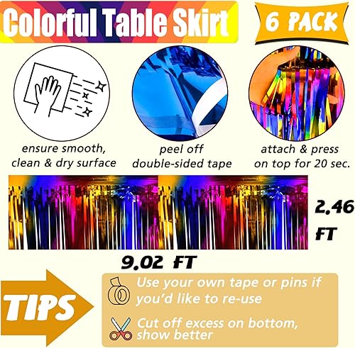 Miniatura 62 de Paquete de 6 faldas de mesa con flecos metálicos azules de 29 x 108 pulgadas para decoración de fiesta de oropel con flecos, cortinas de guirnalda