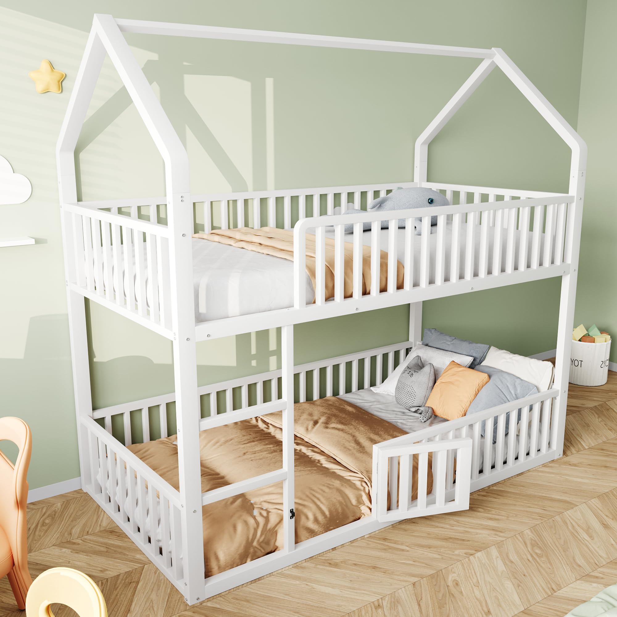 Letto a Castello per Bambini 90 * 200, Montessori letto per Ragazzi - 1 x Rete a doghe, Struttura in Metallo, Letto a forma di Casa per Bambini, Bianco(Senza Materasso)