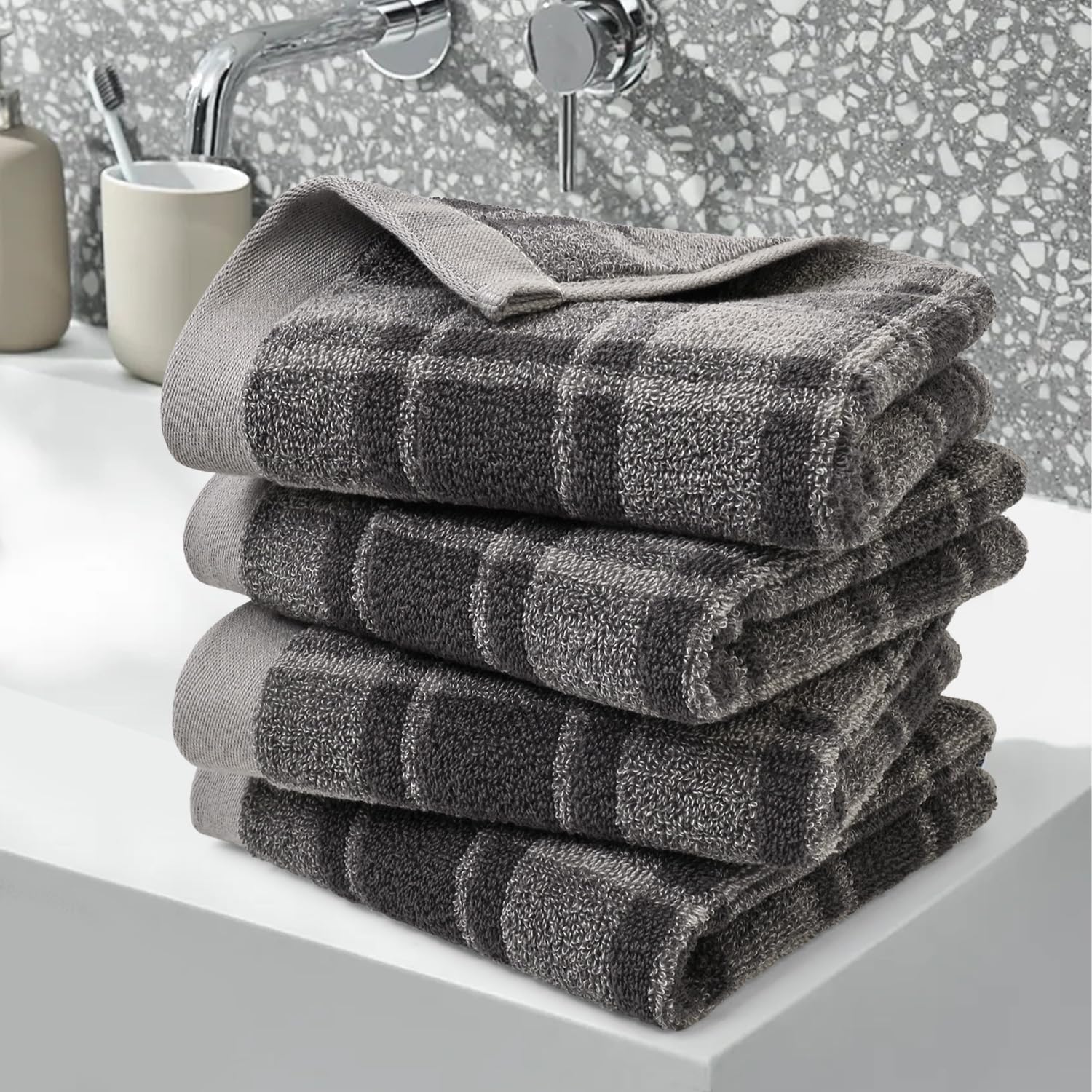 Cleanbear Gray Hand Towels for Bathroom, Classic Buffalo Plaid, 100% Cotton Soft Checkered Bath Hand Towels for Daily Use, Absorbent and Quick-Dry, 4 Pack, 13" x 29"