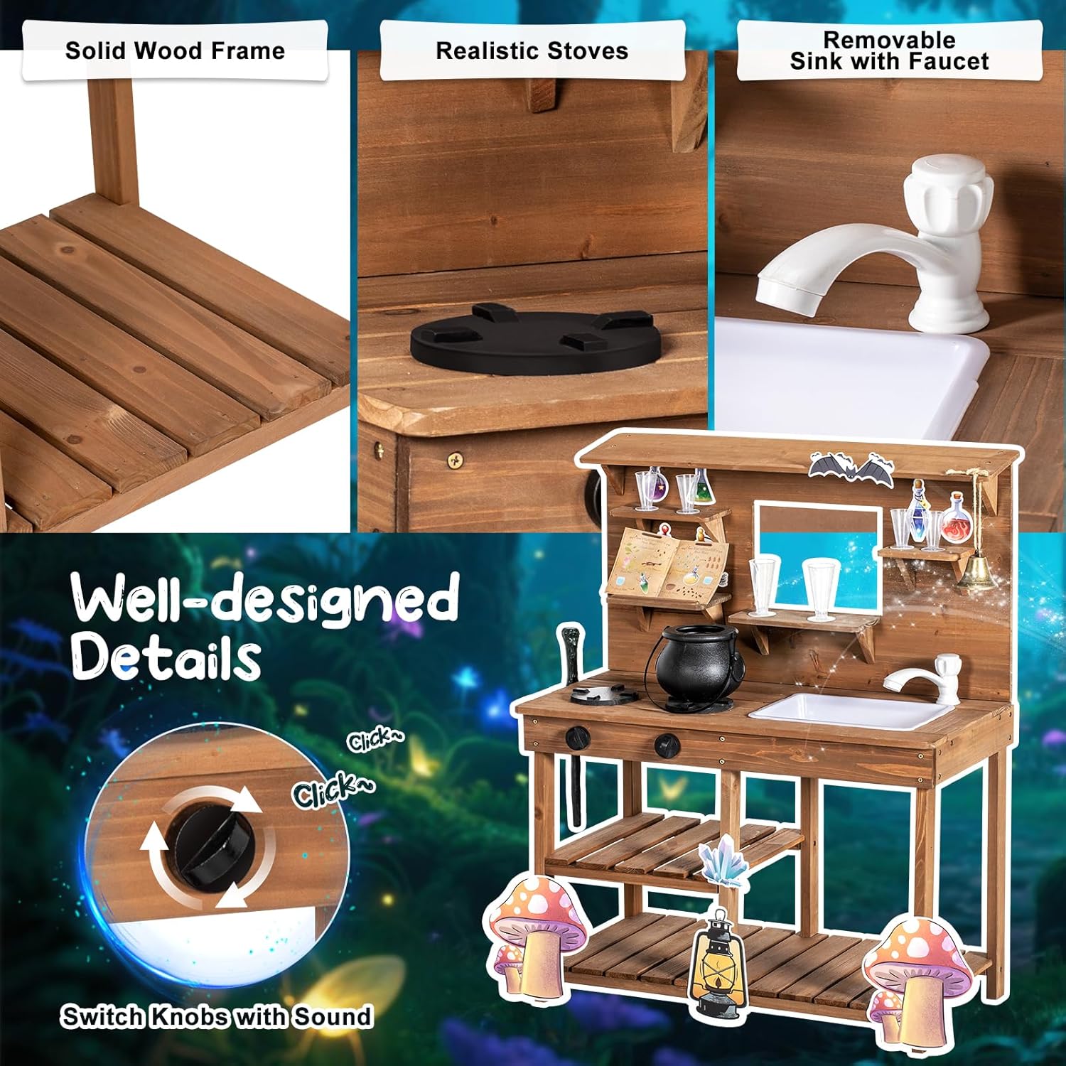 BRINJOY Mud Kitchen Playset for Kids, Wooden Magic Kitchen Set w/Wand, Recipe, Removable Sink, Faucet, Stove, Toddler Outdoor Pretend Play Kitchen, Witch Role Play, Fairy Potion, Gift for Boys Girls