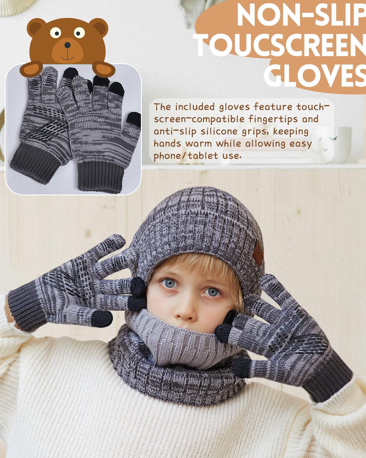 Kids Winter Hat Gloves Scarf Set，Mixed-color Beanie hat Knit Neck Fleece Lining Touchscreen Gloves for Girls Boys 4-10Y - Image 4