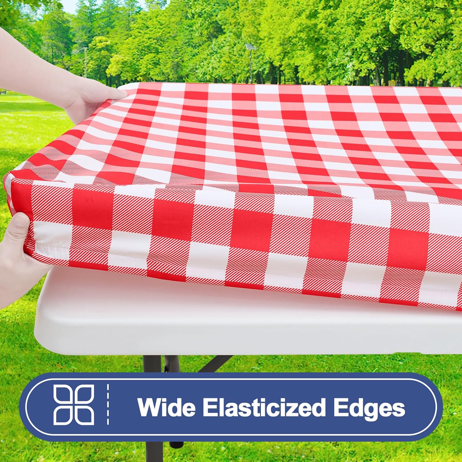 Smiry Picnic Table Cover with Bench Covers, Waterproof Elastic Fitted Tablecloths for 8 Foot Rectangle Tables, Washable Buffalo Plaid Tablecloth for Camping, Outdoor & Christmas (Red & White, 30"x96")