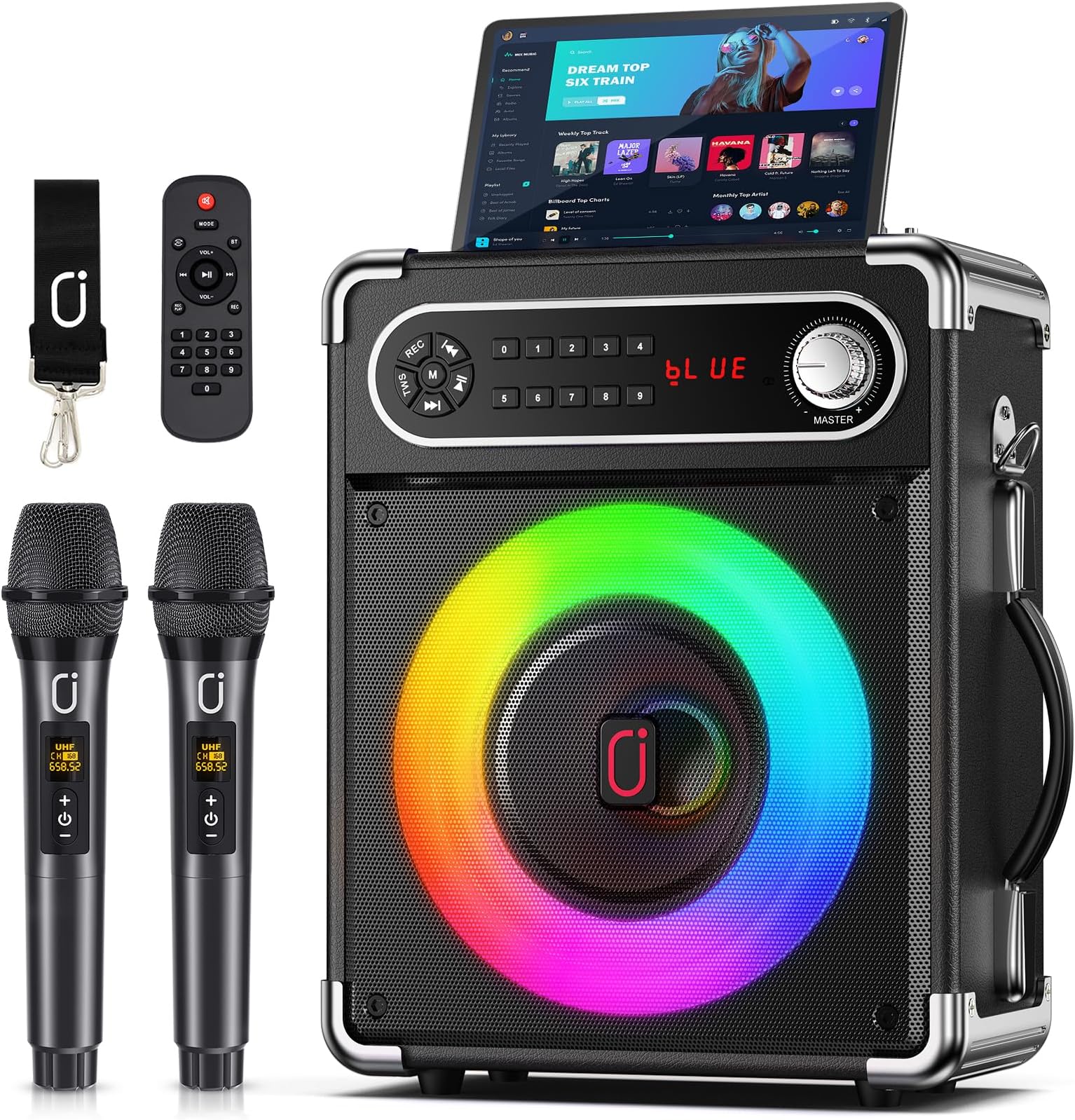 JYX Karaoke Machine with Two Wireless Microphones, Portable Bluetooth Speaker with Bass/Treble Adjustment, PA System with Remote Control, LED Lights,Supports TF Card/USB/AUX/TWS