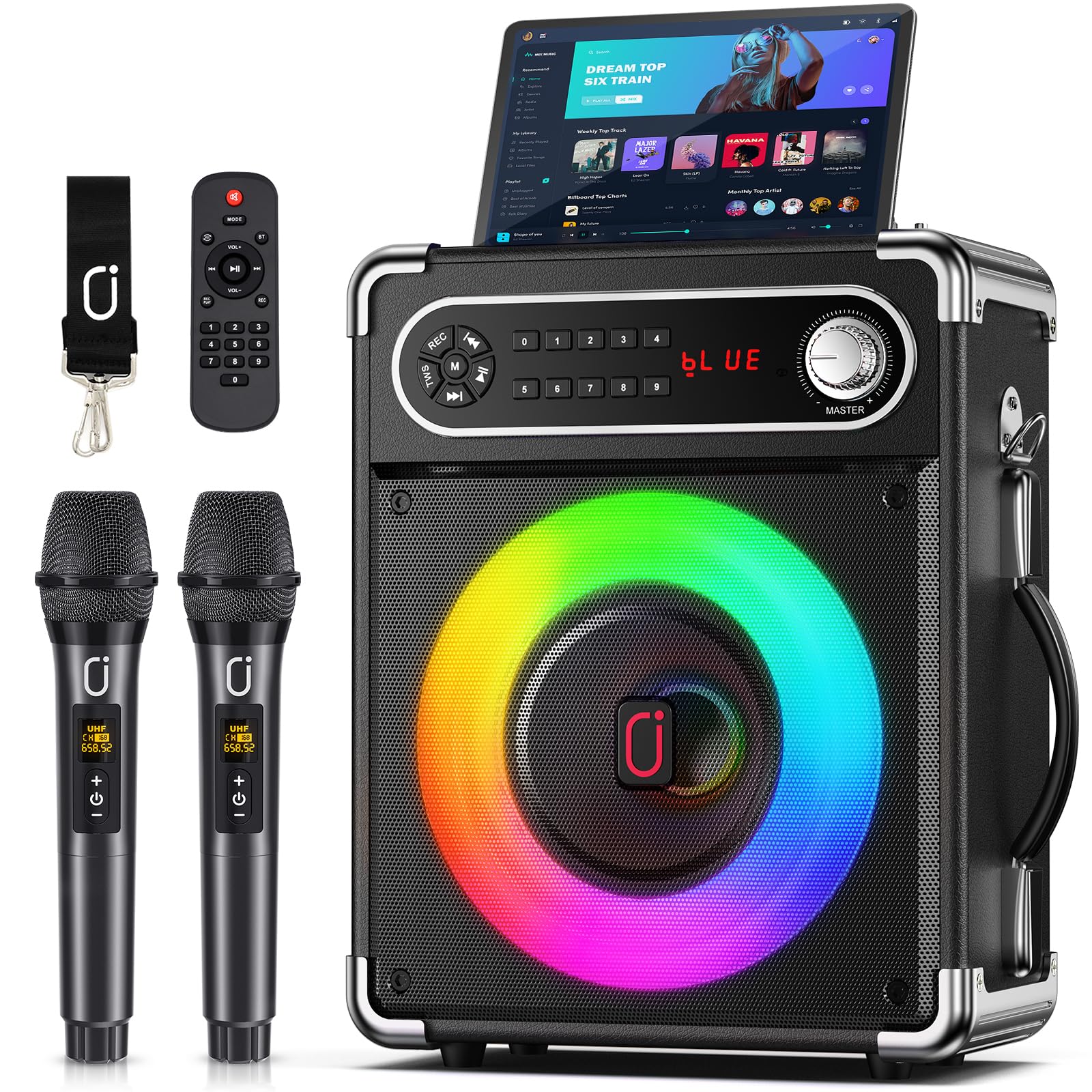 Photo 1 of JYX Karaoke Machine with Two Wireless Microphones, Portable Bluetooth Speaker with Bass/Treble Adjustment, PA System with Remote Control, LED Lights,Supports TF Card/USB/AUX/TWS