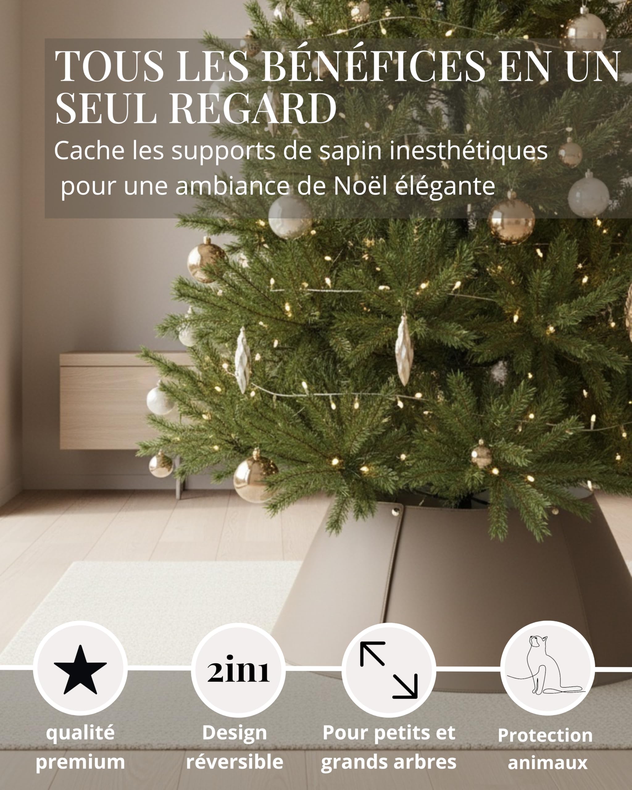Livlig53 LIVLIG Cache-Pied de Sapin en Similicuir Beige/Brun – Collier pour Sapin réversible 2-en-1 avec détails dorés, Couvre-Support décoratif Fait Main pour Sapin de Noël