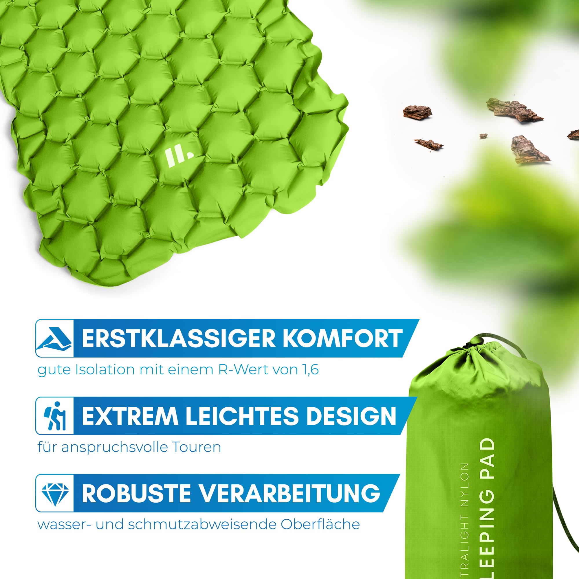 NORDMUT® Isomatte Outdoor [mit Reparaturset] Isomatte Camping | Isomatte Ultraleicht für Wandern, Outdoor, Camping - kleines Packmaß