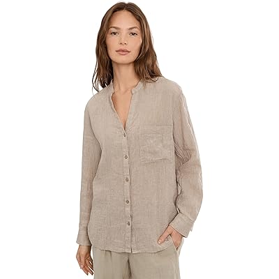 Eileen Fisher Puckered Organic Linen Stripe Mandarin Collar Shirt wheat