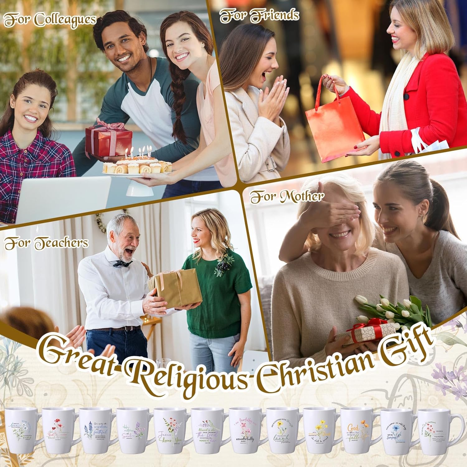 12 Pcs Mother's Day Christian Coffee Mug Gifts Set for Women Men 12oz Bible Verses Ceramic Cup Religious Coffee Mugs for Pastor Family Church Party Favors Gifts, No Dishwasher(Flower)