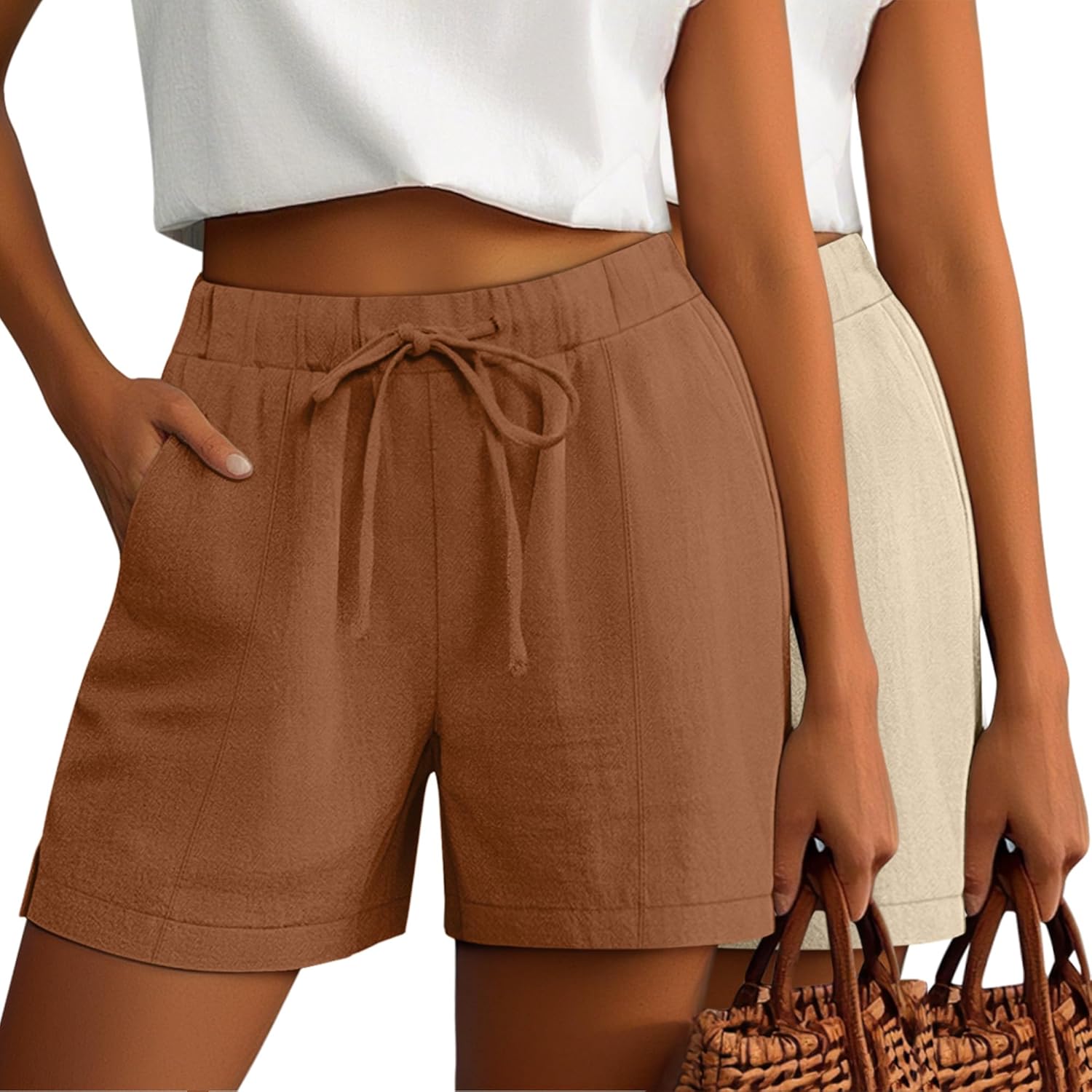Riyiper 2 Pack Casual Linen Shorts for Women, Drawstring Elastic Waist Split Side Summer Line Comfy Lounge Short with Pocket