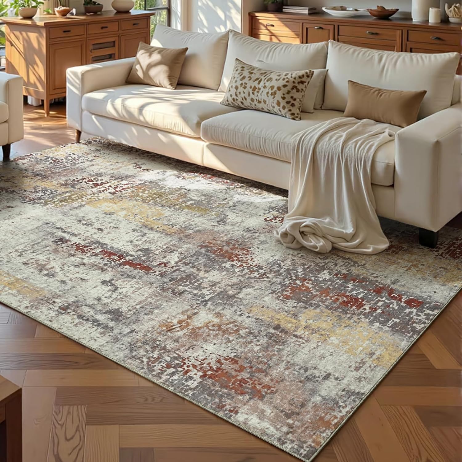 Ompaa Living Room Rug 5x8 Beige Area Rug Machine Washable Boho Rug Non Slip Abstract Vintage Indoor Large Rugs for Bedroom, Classroom, College Dorm, Farmhouse, Dining Room, Kids Playroom