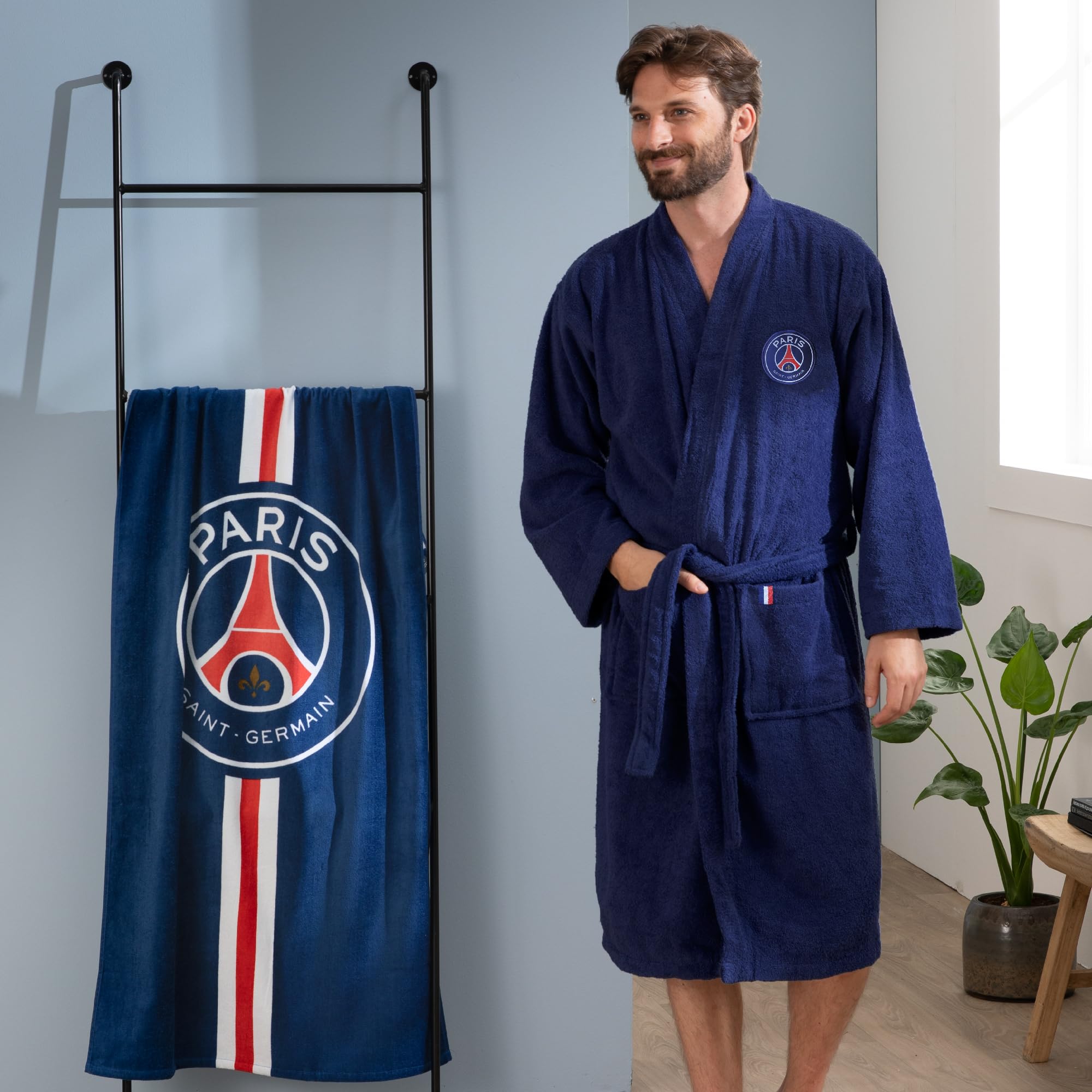 PSG Peignoir homme avec poches Paris-Saint-Germain | 100% Coton | OEKO-TEX | Taille L | Bleu
